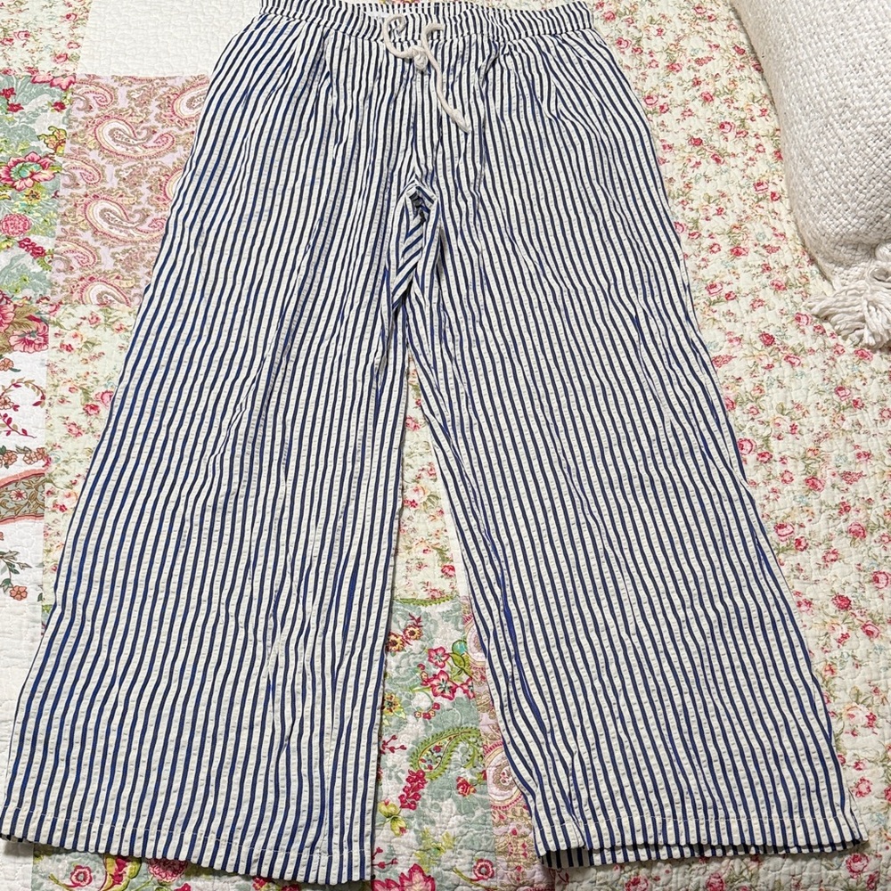 Blue and White Striped Wide Leg Drawstring Pants